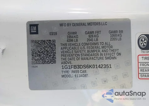 2019 Chevrolet Camaro 1Lt из США, поврежденный, VIN 1G1FB3DS6K0142351